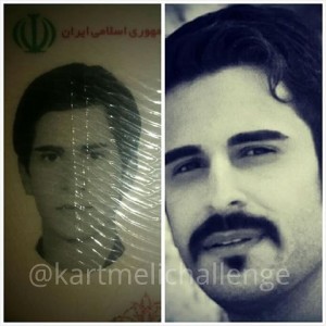 L: ID Photo of Iranian Man according to government restrictions. R: personal photo of same man rejecting government restrictions (Photo Credit: #Kartemelichallenge)