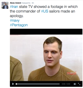 Tweet by Abas Aslani of Tasnim News about US Sailor Apologizing (Photo: Twitter)