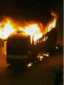 Bus Engulfed in Flames from Molotovs after Al Nimr's execution, Qatif, January 2, 2016 (Photo Credit- Middle East Eye)